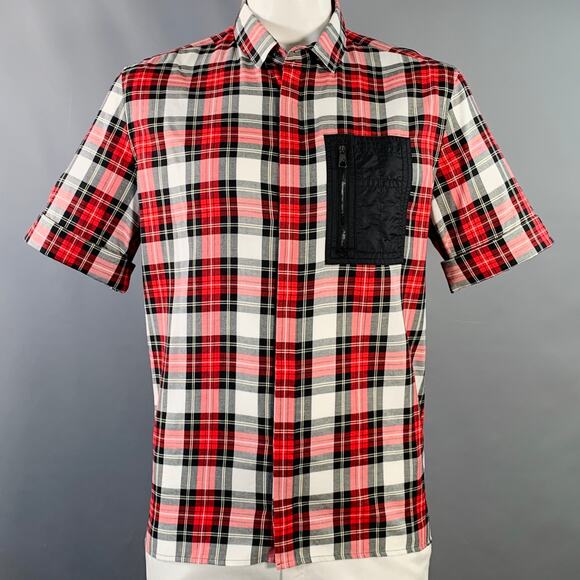 NEIL BARRETT Size XL Red Black White Plaid Cotton One Pocket Short Sleeve Shirt - Picture 1 of 8